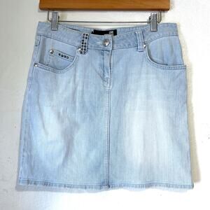 LOVE MOSCHINO Studded Peace Sign Cotton Y2K Denim Mini Skirt Size 26